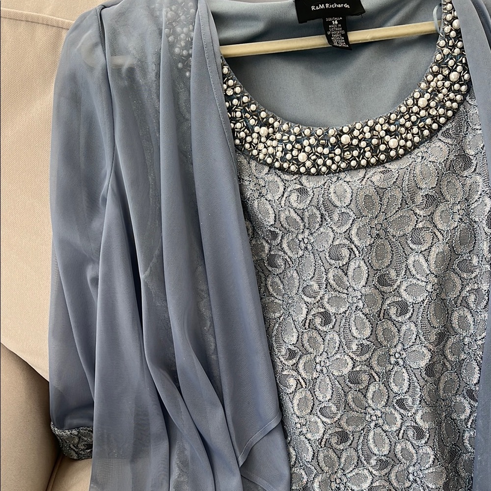 SLNY Elegant Beaded Lace Dress in Light Blue